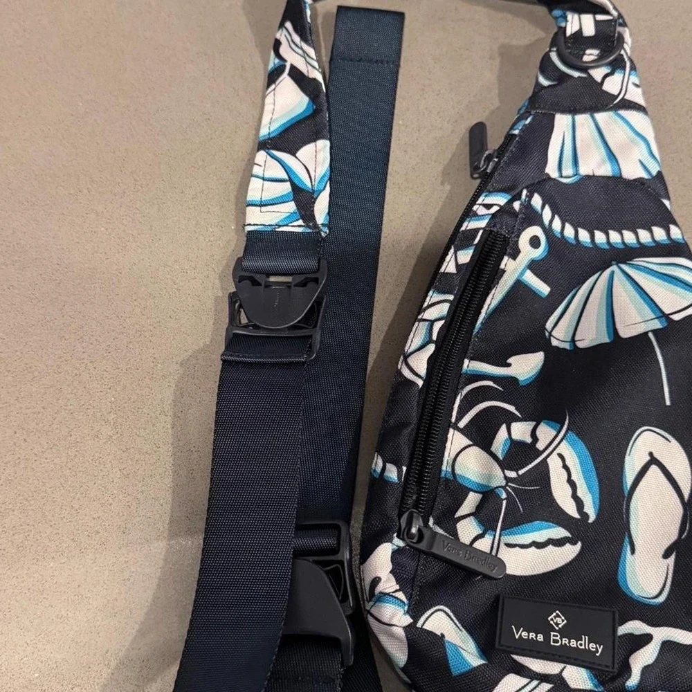 Vera Bradley blue and white beach-themed sling bag